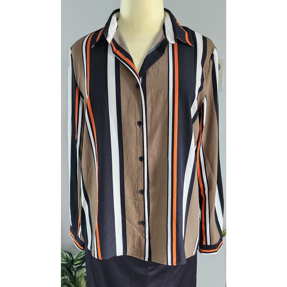 Women's Shirt Blouse Earthtone Stripe Black Brown Orange White Sz XXL EUC